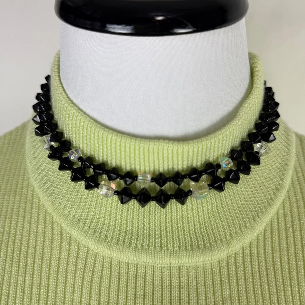Vintage Japan Double Strand Black Faceted Bead Crystal‎ Choker Necklace 14-16in